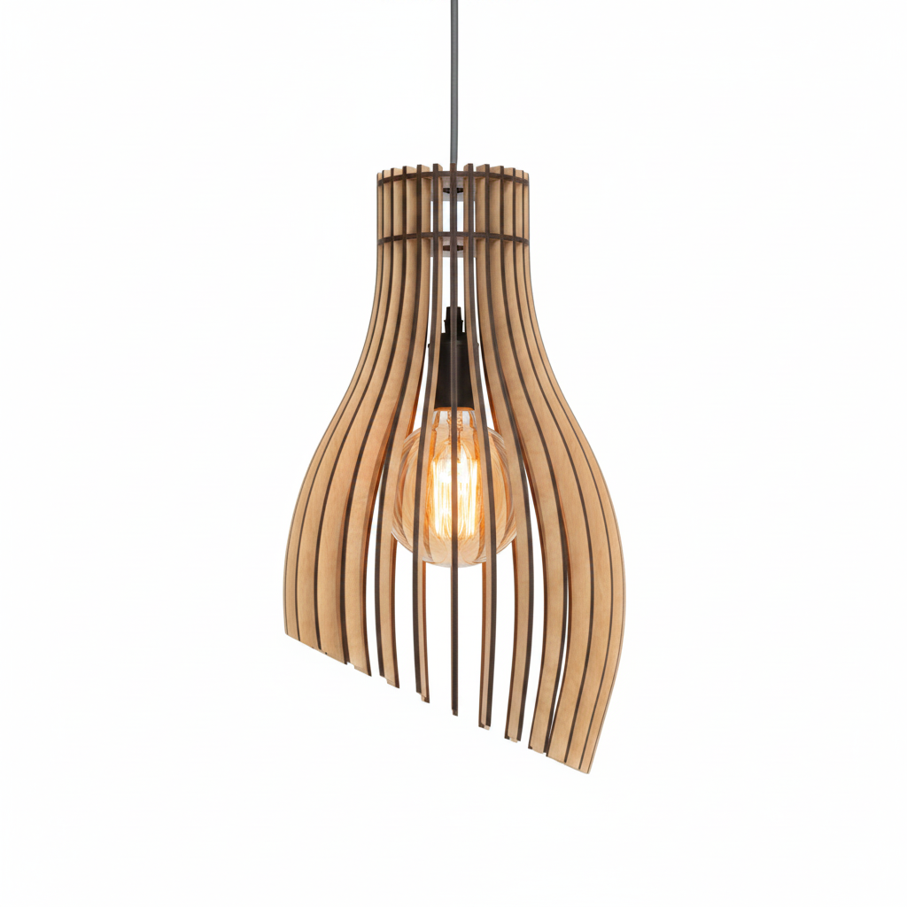 Lámpara colgante de madera con estructura de láminas curvas y bombilla Edison – diseño moderno artesanal de La Palma, Canarias