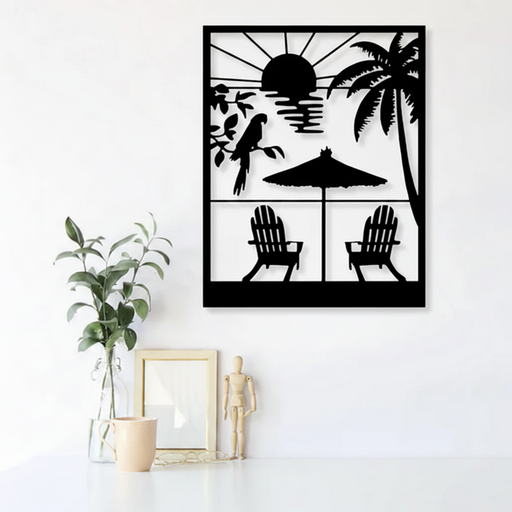 Decoración de pared de madera en cuatro paneles con silueta de palmera, loro y atardecer – pieza artesanal de La Palma, Canarias