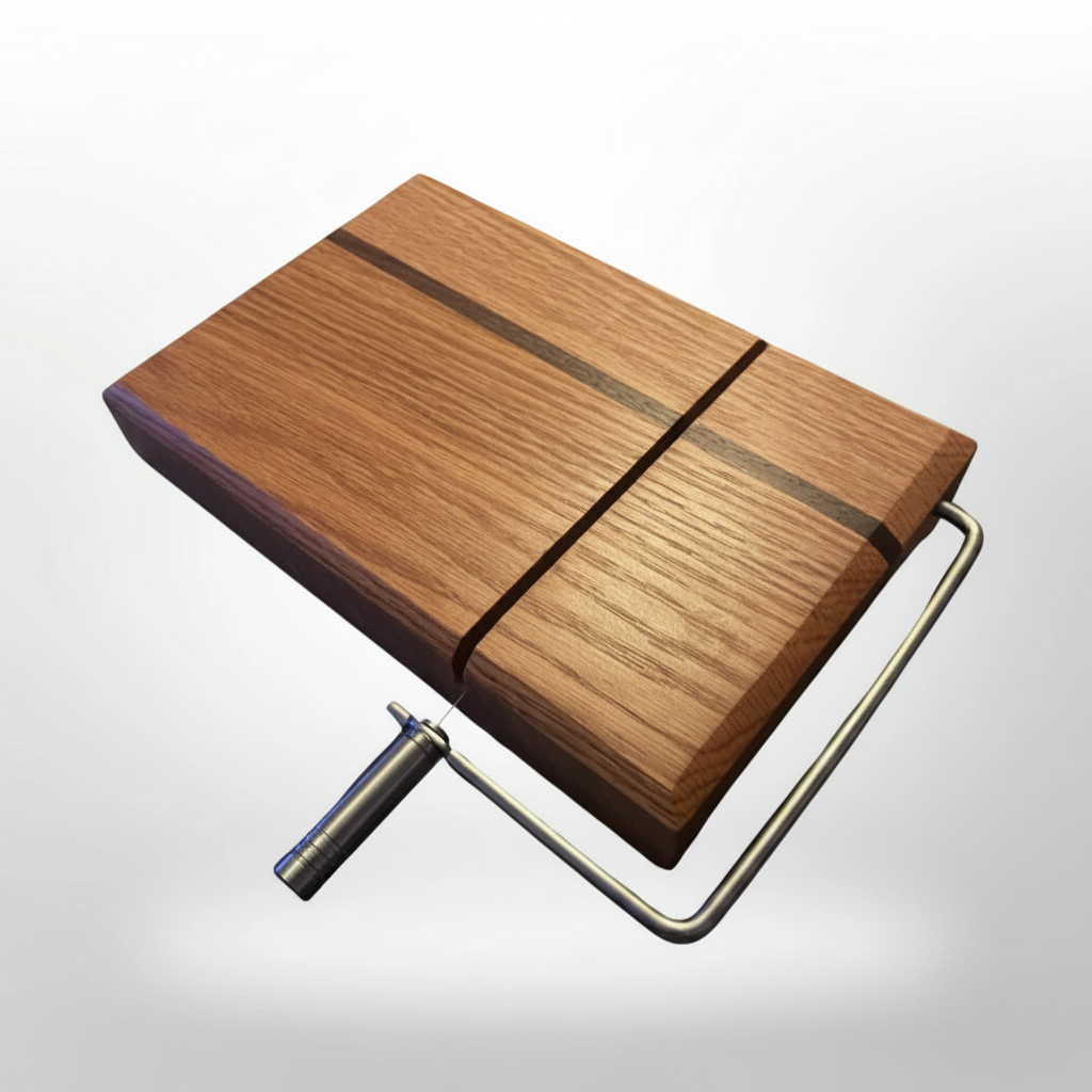 Tabla de quesos artesanal de madera de iroko con cortador de alambre de acero inoxidable – hecha a mano en La Palma, Canarias