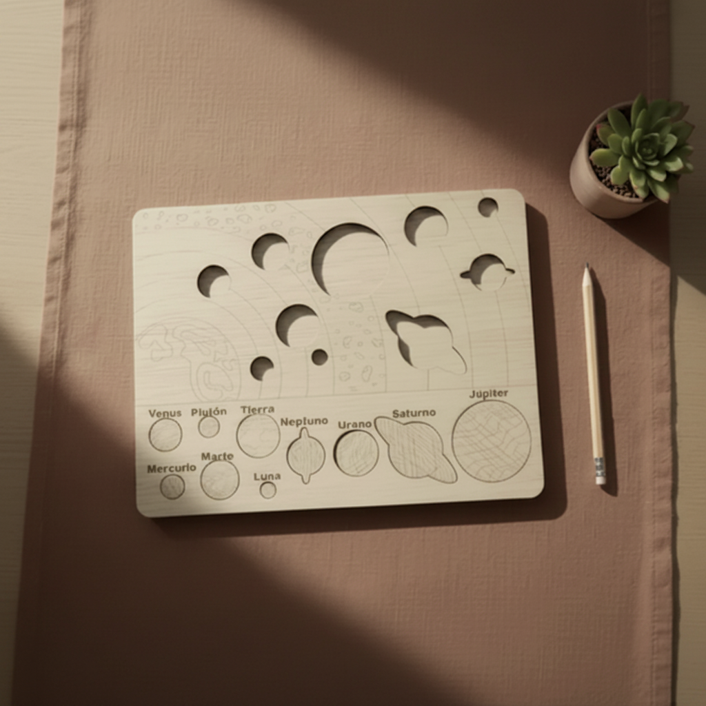 Puzzle educativo de madera con planetas del sistema solar en español – material didáctico artesanal fabricado en La Palma, Canarias