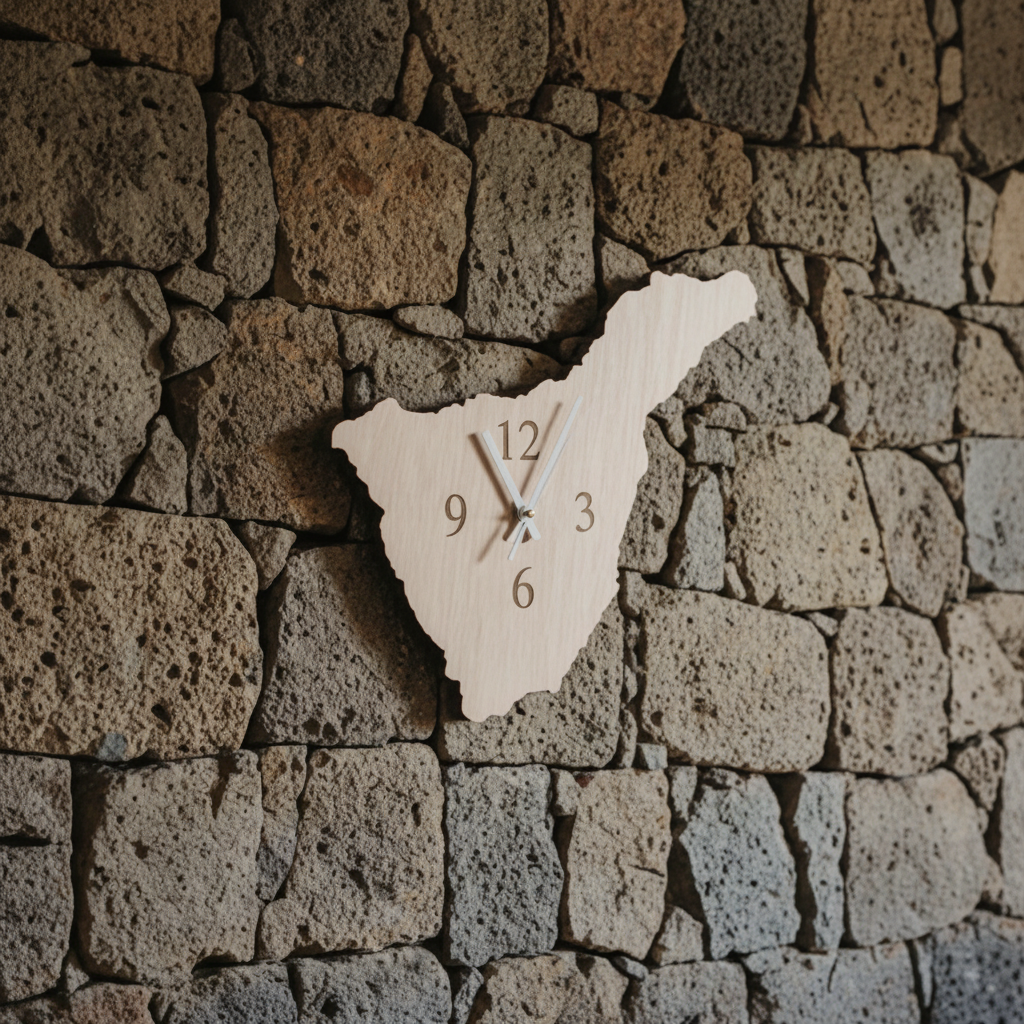 Reloj de pared artesanal en forma de Tenerife, madera clara con agujas plateadas, montado en pared de piedra volcánica de Canarias