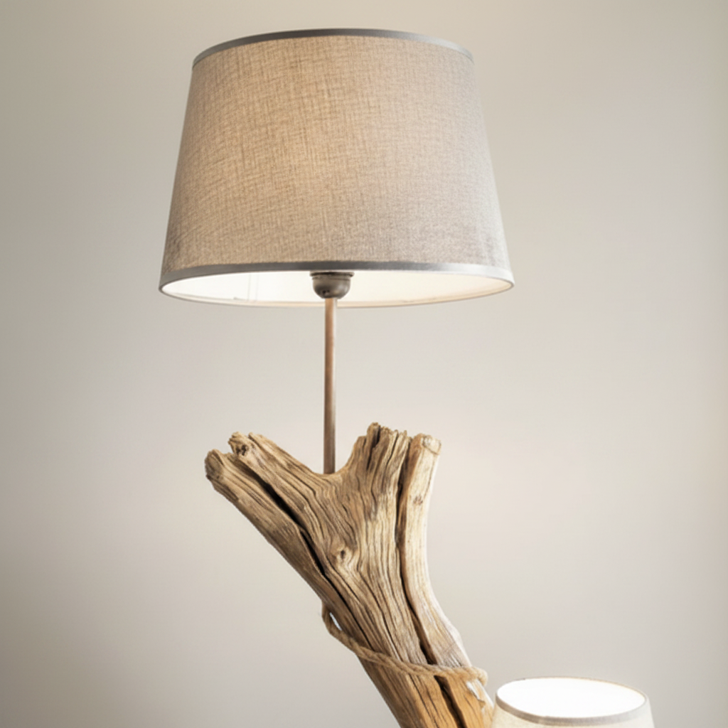 Lámpara de mesa con base de madera flotante y pantalla de lino – pieza artesanal única fabricada en La Palma, Canarias