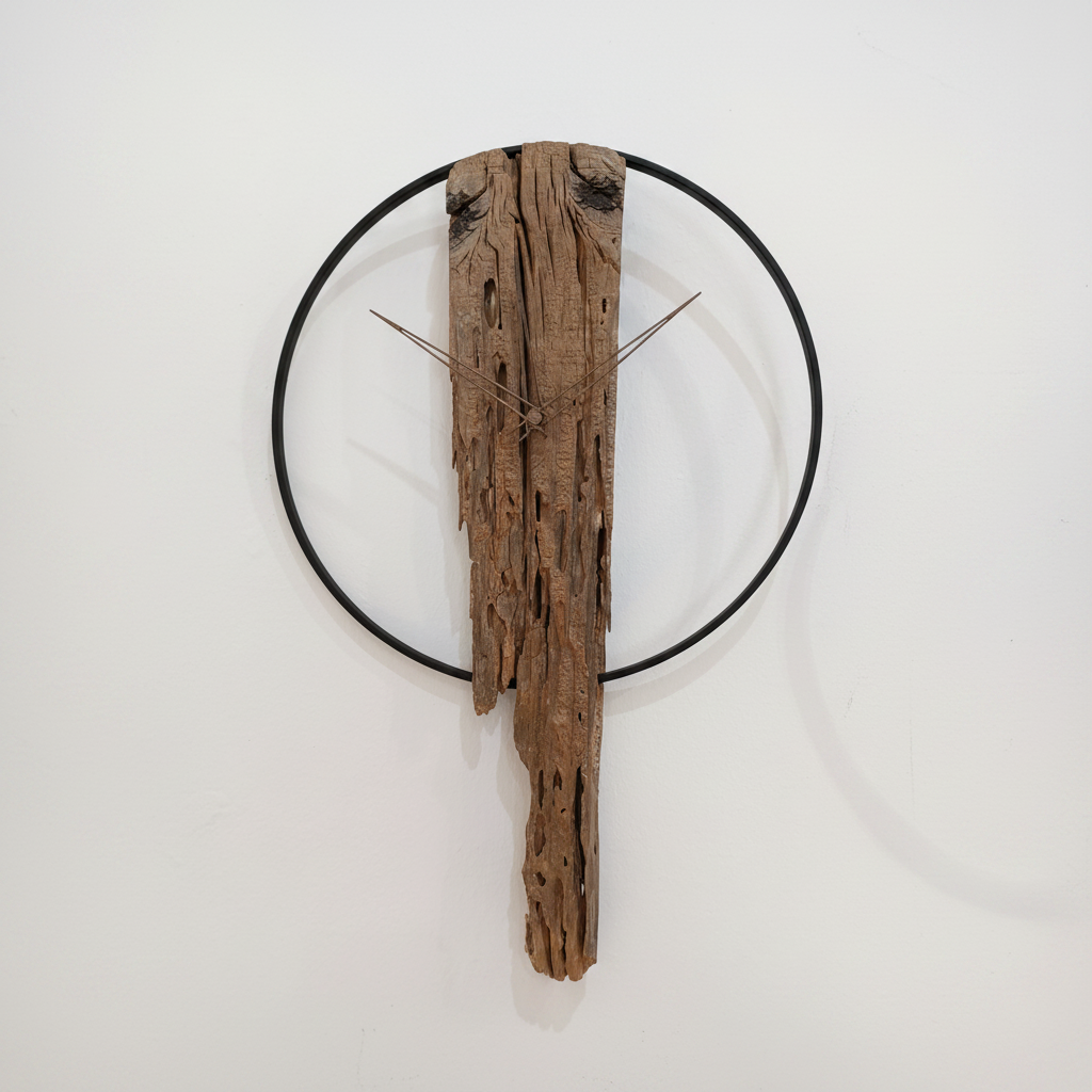 Reloj de pared único con tronco de madera flotante y aro metálico negro – pieza artesanal irrepetible de Canarias