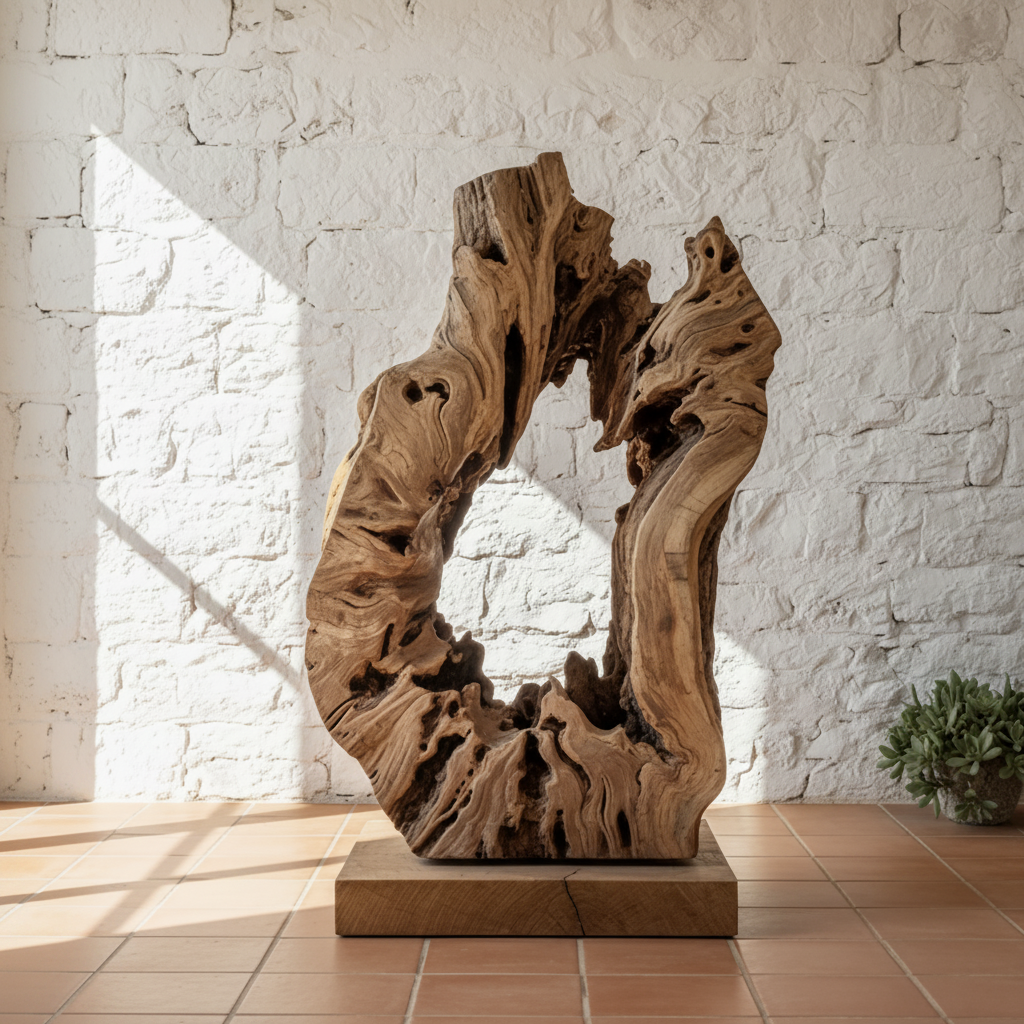 Escultura monumental de madera flotante con formas orgánicas naturales sobre peana de madera – pieza única artesanal de La Palma, Canarias