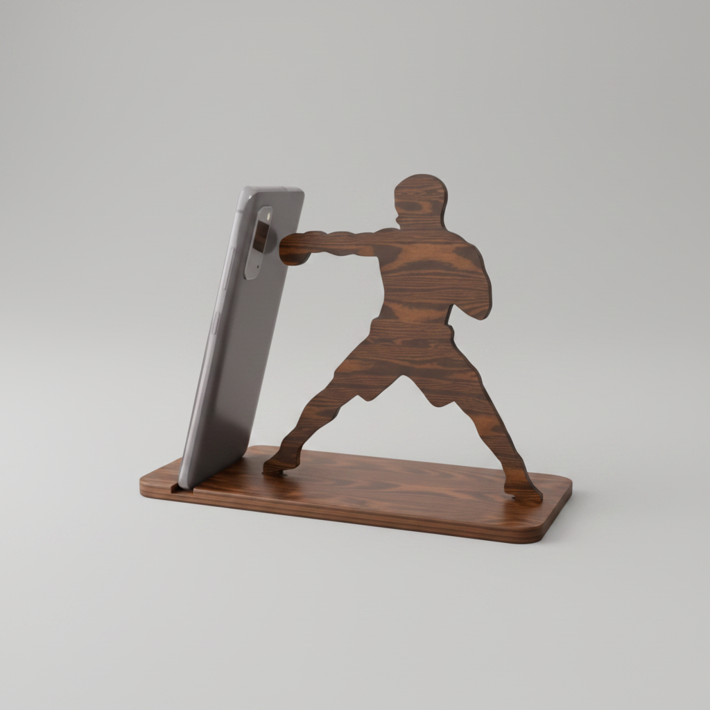 Soporte smartphone madera motivo boxeo lasercut artesanal La Palma Canarias