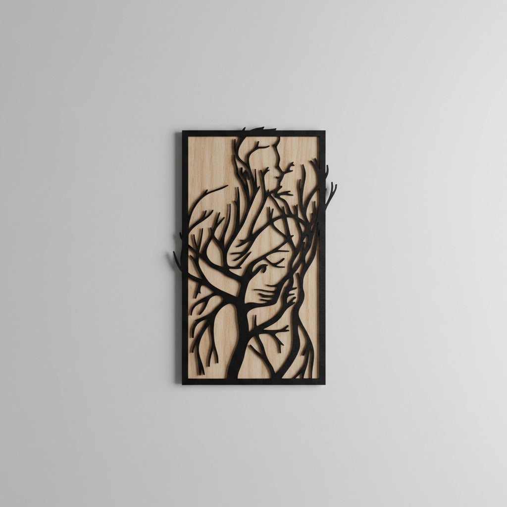 Detalle pareja madera contrachapada decoración pared artesanal La Palma Canarias pieza única