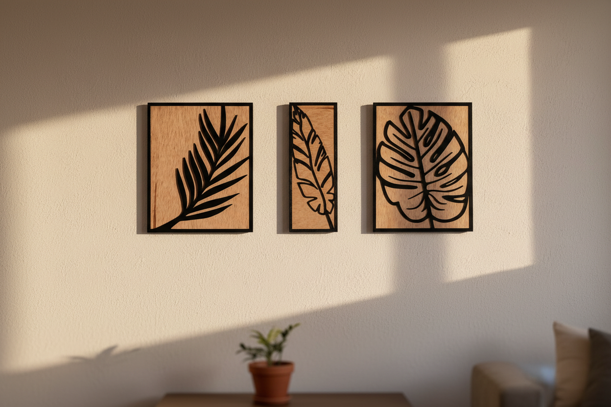 Decoración pared flora canaria set 3 piezas madera lasercut hecha a mano La Palma Islas Canarias Canary Soulmade Crafts
