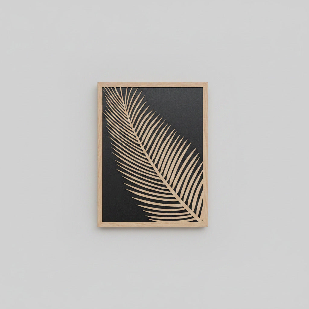 Detalle hoja palmera madera contrachapada decoración pared artesanal La Palma Canarias pieza única