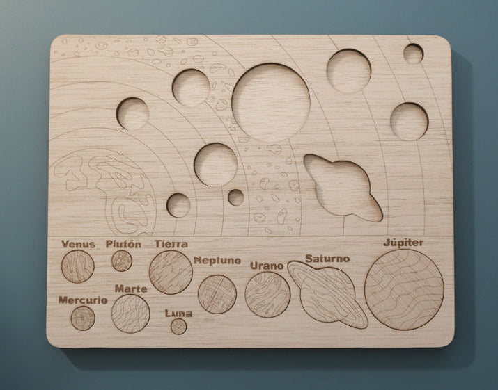 Vista completa set sistema solar madera Montessori hecho a mano Canary Soulmade Crafts Islas Canarias