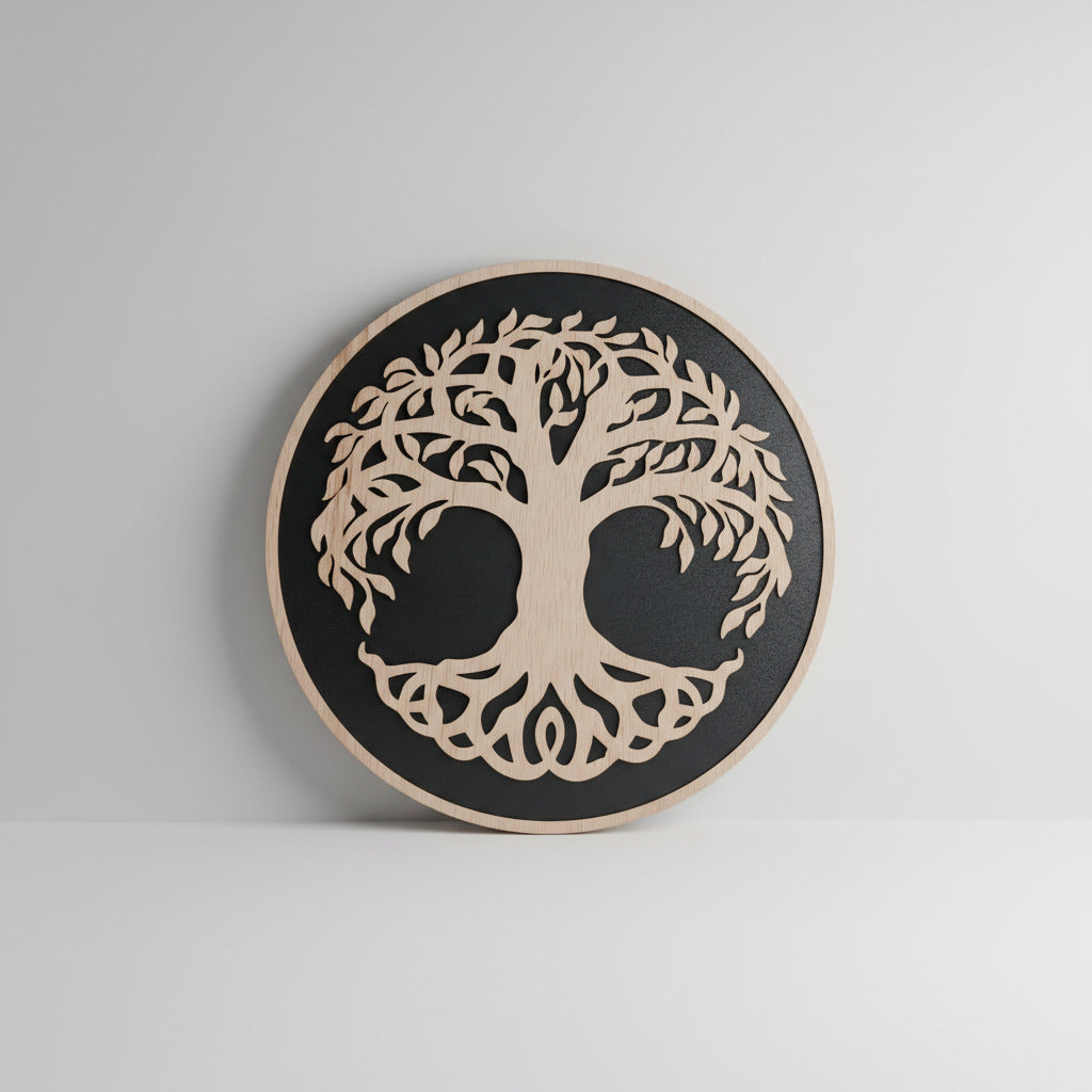 Detalle árbol de la vida madera contrachapada decoración pared artesanal La Palma Canarias pieza única