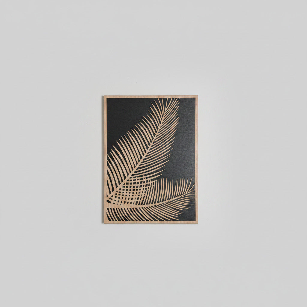 Detalle dos palmeras madera contrachapada decoración pared artesanal La Palma Canarias pieza única