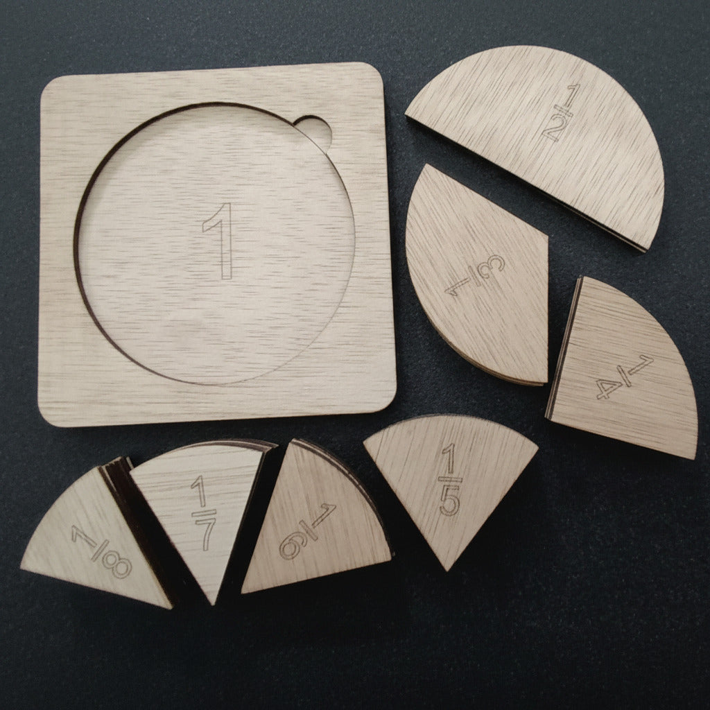 Detalle círculos fracciones madera educativo Montessori artesanal La Palma Canarias