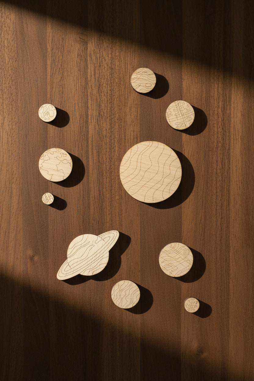Detalle planetas sistema solar madera lasercut educativo artesanal La Palma Canarias